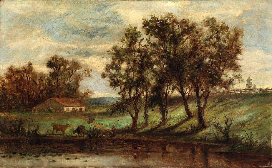 Edward Mitchell Bannister man with cows grazing near pond with house and trees in background